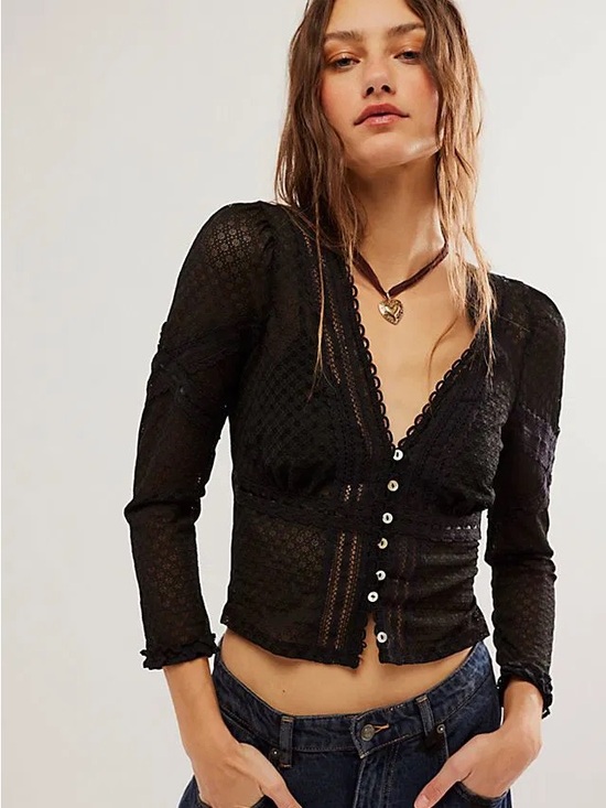 Free People Tops - Free People Kika Lace Button Up Top Size Medium Black